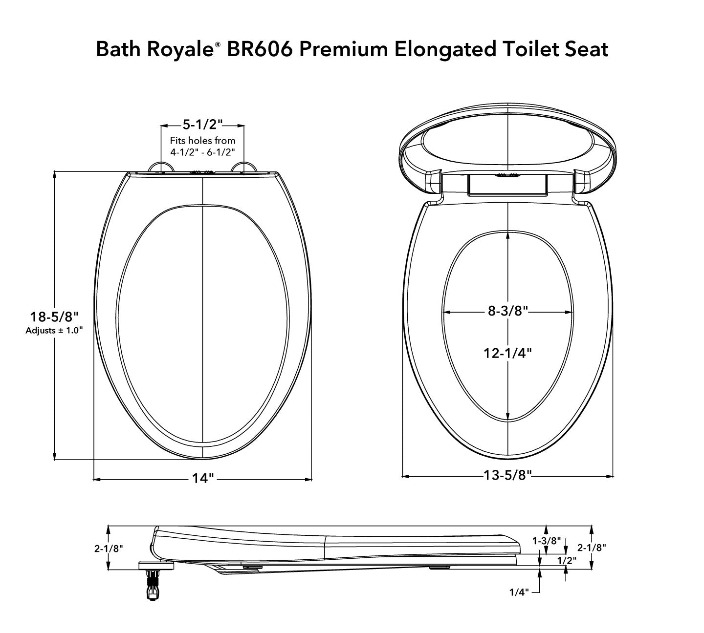 BR620 Premium Elongated Toilet Seat Dimensions
