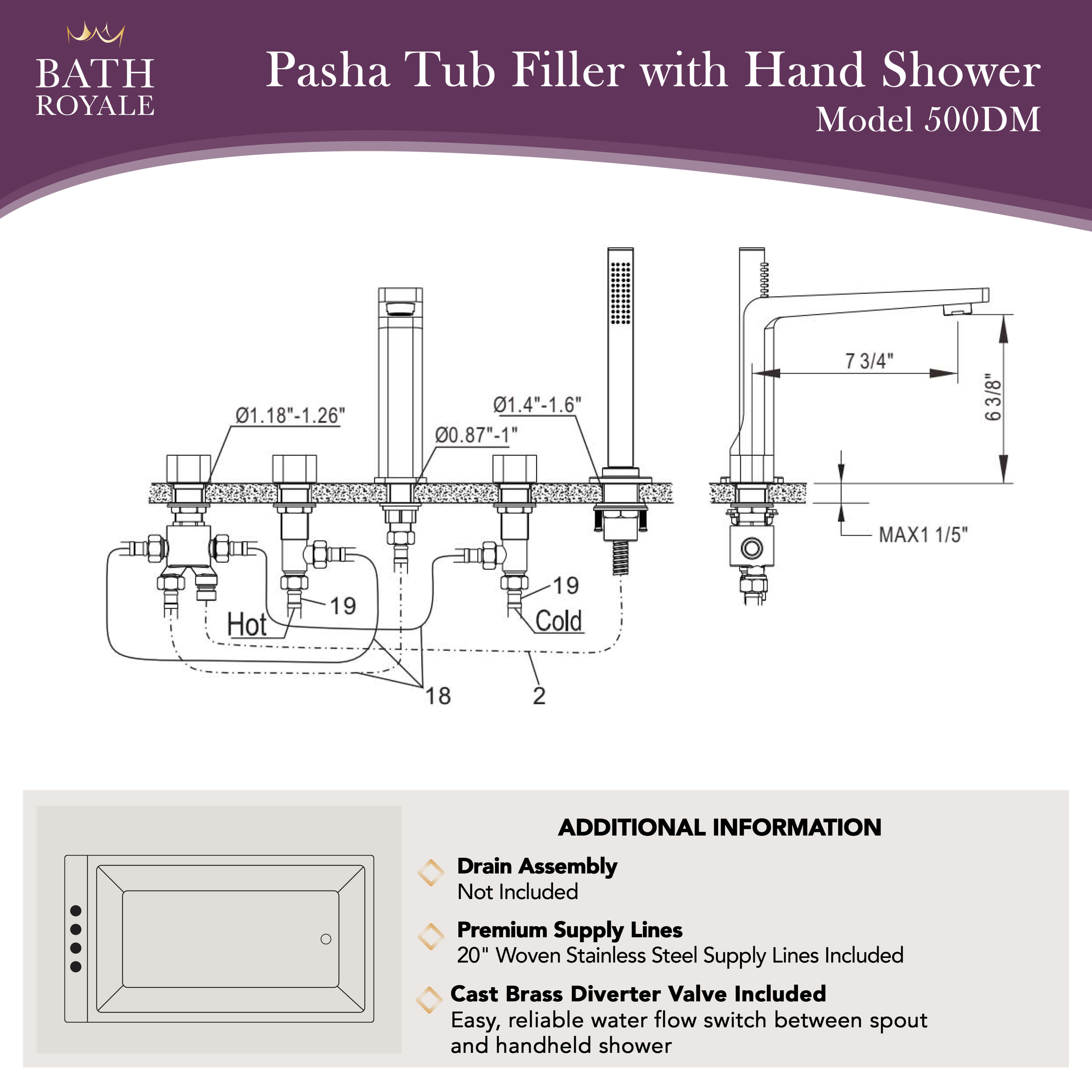 Pasha Deck Mount Tub Filler Trim Kit