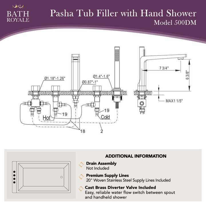 Pasha Deck Mount Tub Filler with Handheld Spray