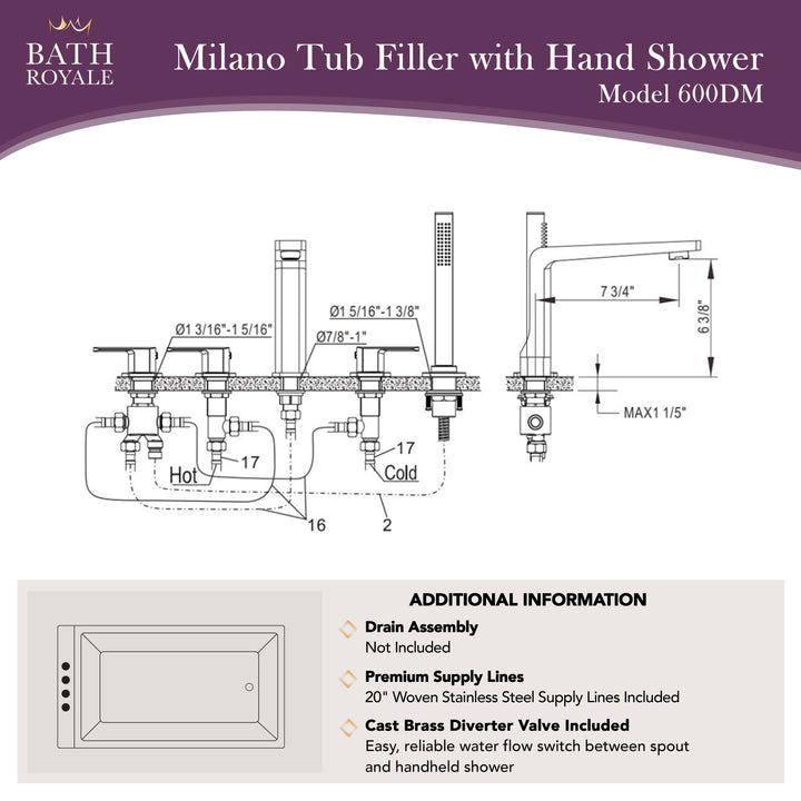 Milano Deck Mount Tub Filler with Handheld Spray